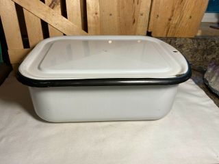 Vintage White With Black Trim Enamelware Rectangular Refrigerator Pan With Lid