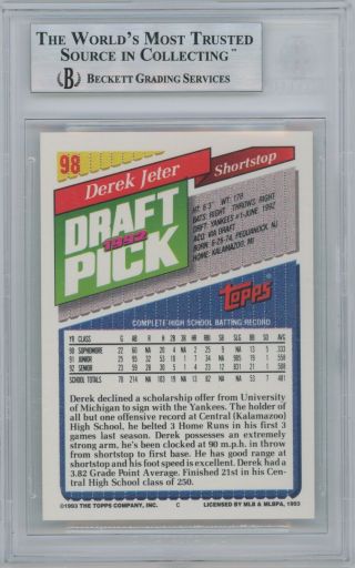 Derek Jeter BGS 9 RC 1993 Topps 98 Rookie Card 1992 Draft Pick SP 0.  5 Away 9.  5 2
