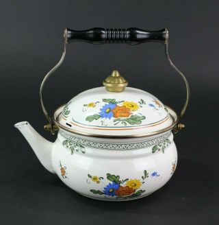Vintage Floral Enamelware Tea Kettle M.  Kamenstein White