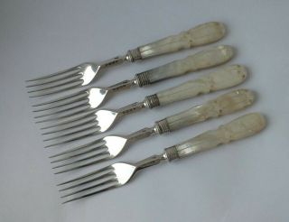 Set Of 5 Victorian Sterling Silver & Mop Handles Dessert Forks 1872/ L 16.  4 Cm