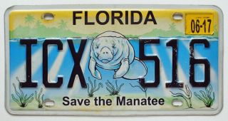 Florida 2017 Save The Manatee Wildlife Specialty License Plate,  Icx 516