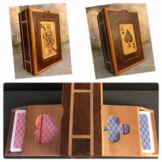 Vintage Playing Cards Storage Box Double Deck Holder Ace King Wood 2 Decks