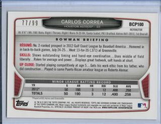2013 Bowman Chrome Carlos Correa Black Refractor Rookie /99 2