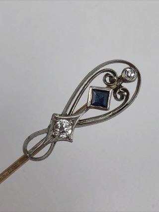 Antique Art Deco Platinum Diamond Sapphire 14k Gold Stick Hat Pin
