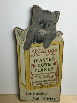 Handpainted Vintage Look Wood Sign Kelloggs Corn Flakes For Kiddies Not Kitties