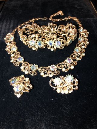 Vintage Gold & Borealis Vintage Coro Necklace Bracelet Brooch Clip On Earrings