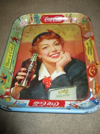 Vintage 1953 Coca Cola Menu Girl Metal Serving Tray Aprox 10 X 13
