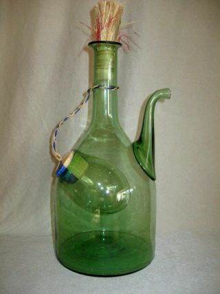 Vintage 13 " Hand Blown Green Glass Wine Bottle / Decanter W/ice Chamber Italian