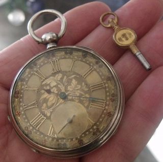Antique Continental Silver Key Wind Gold Faced Pocket Watch & Key.