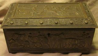 Antique Erhard & Sohne Bronze Box,  Medieval Chariots,  Germany,  7.  7 " Long,  1516g