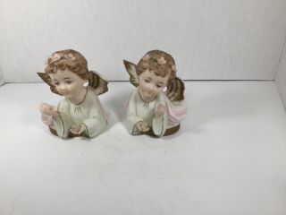 2 Vintage Tilso Japan Porcelain Bisque Angel Shelf Sitter Cherubs 3.  5 " X 4 " B21