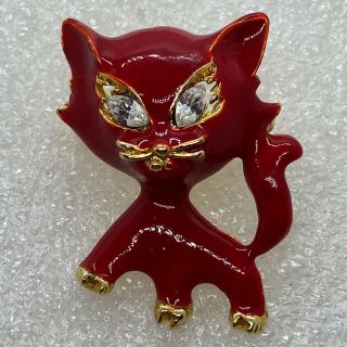 Vintage Red Cat Brooch Pin Rhinestone Enamel Kitty Gold Tone Costume Jewelry