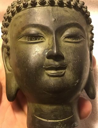 Antique Bronze 6” Buddha Head W/wood Stand 2 Lb Marked On Bottom