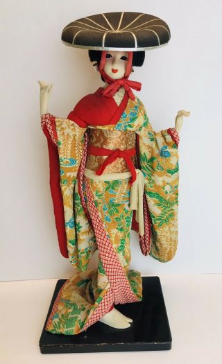 Vintage Japanese Geisha Doll 15” Tall Silk Kimono Yoshitoku Doll W/wood Base