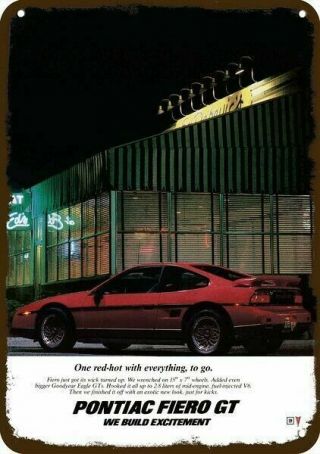 1986 Pontiac Fiero Gt Red Sports Car Coupe Vintage Look Decorative Metal Sign