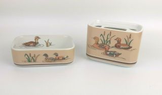 Wood Ducks Ceramic Toothbrush Holder & Soap Dish Vtg Andre Richard Country Bath
