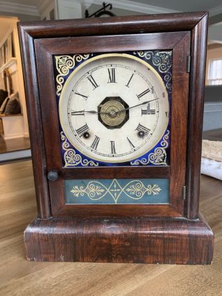 Antique Jerome & Co Wood Clock W/ Reverse Painted Glass Tablet Runs Well Ex
