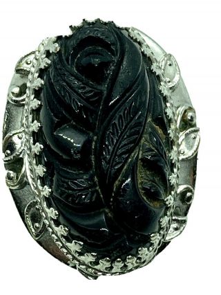 Vintage Whiting And Davis Silver Tone Plated Carved Black Stone Ring