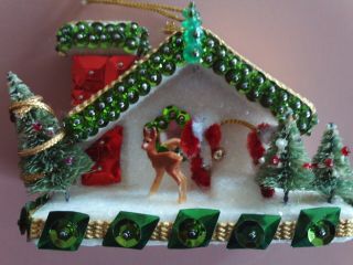 Vintage Leewards Candy Cane House Beaded Sequin Christmas Ornament - Diorama