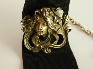 Antique Gold Filled Watch Fob Chain Womans Head Art Nouveau Ornate Pearl Ribbon