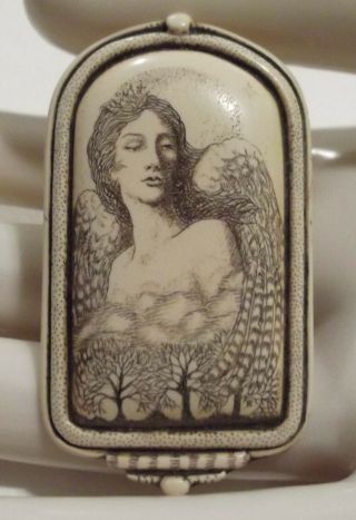 Vtg 1995 R.  H.  Badeau Pretty Winged Angel Trees Etched Scrimshaw - Style Pin Brooch