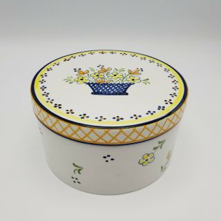 Vintage Alcobaca Pottery Portugal Hand Painted Round Dresser Vanity Box W/ Lid