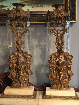 Gorgeous Antique Brass /bronze Ornate Cherub Candlesticks
