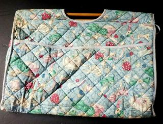 Vintage 1980s Quilted Boho Sewing Knitting Tote Bag Handbag Wood Handle Zipper