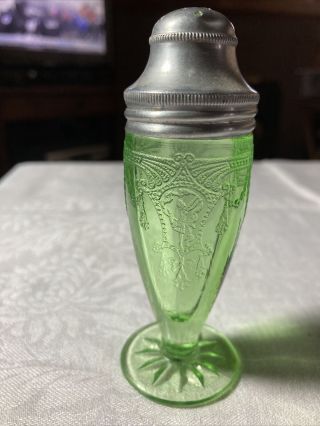 Vintage 4” Green Depression Glass Salt Shaker With Aluminum Top