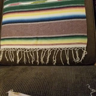 Vintage Mexican Serape Wool Woven Rug Colorful With Fringe 56 