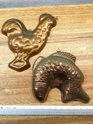 Vintage 2 Copper And Tin Cake Or Jello Molds - Rooster & Fish - Hang On Wall G2