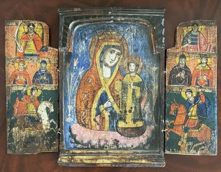 Antique 19th Century Greek Icon Triptych Wood 12 X 16 Inches When Open