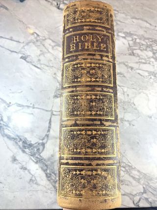 1869 Large Antique Leather Religious Book " The Holy Bible " Illustrated