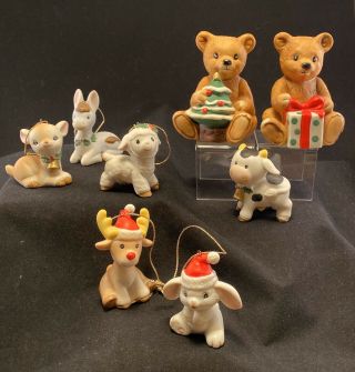 Vtg Set 6 Homco Christmas Ornaments Porcelain Animal Figurine Plus 2 Teddy Bears