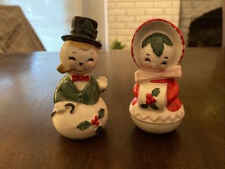 Vintage Lefton Christmas Snowman Snow Woman Salt And Pepper Shakers