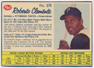 1962 Post Cereal Canadian 173 Roberto Clemente Ex Bd 612998