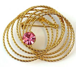 Vintage Pink Rhinestone Brooch Gold Tone Metal Costume Jewelry Circle Pin