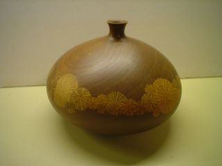 Mid Century Modern Roger Sloan Carved Wood Inlay Inlaid Twig Pot Vase -