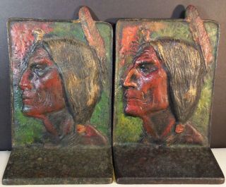 Antique Cast Iron Bookends Indian Head 1930 Circa?