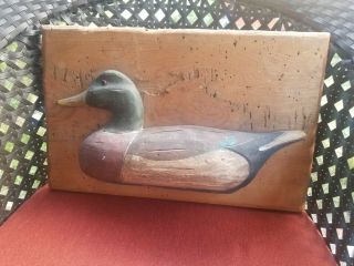 Antique Vintage Old Wooden Mallard Duck Decoy Mounted On A Piece Of Wood By Jb