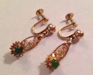 Jade Screw Back Vintage 1/20 12k Gold Filled Earrings Jjj Dangle Leaves Flower