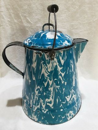 Antique Granite Ware Enamel Cobalt Blue And White Swirl Coffee Pot Porcelain A,