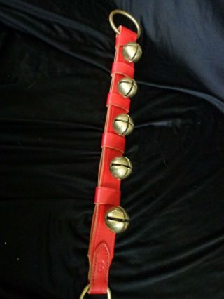 Vintage Xmas Red Leather Strap Belsnickle With Five Brass Sleigh Bells