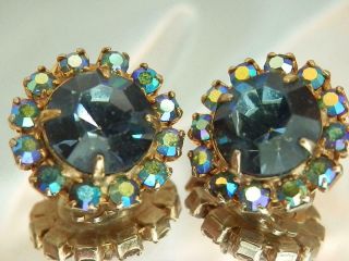 Vintage 50 ' s Sparkling AB Green Rhinestone Round Stunning Clip On Earrings 602F0 2
