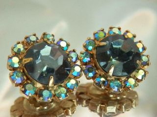 Vintage 50 ' s Sparkling AB Green Rhinestone Round Stunning Clip On Earrings 602F0 3