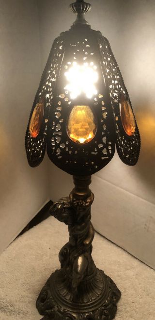 Antique Art Nouveau Cherub L&l Wmc Loevsky Cast Metal Lamp Metal Shade Prism