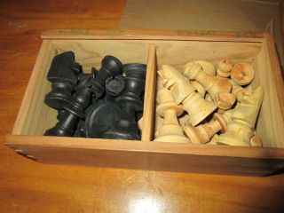 Vintage Carved Wooden Chess Set In Wooden Box With Slide Lid Complete