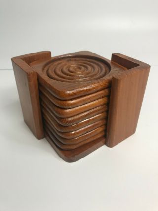 Mid Century Danish Modern Vintage Teak Wood Coasters Set Of 8 In Holder Vintage