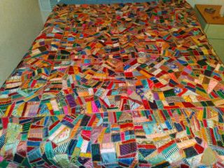 Antique Colorful Crazy Quilt Top Silk 82x81 " Bed Cover Handmade