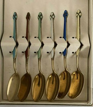 Vintage Aksel Holmsen Set Of 6 Sterling Silver And Enamel Demitasse Spoons